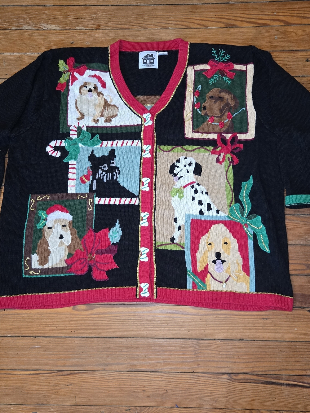 Storybook Knits Black Holiday Dog Patchwork Cardigan with Red Trim